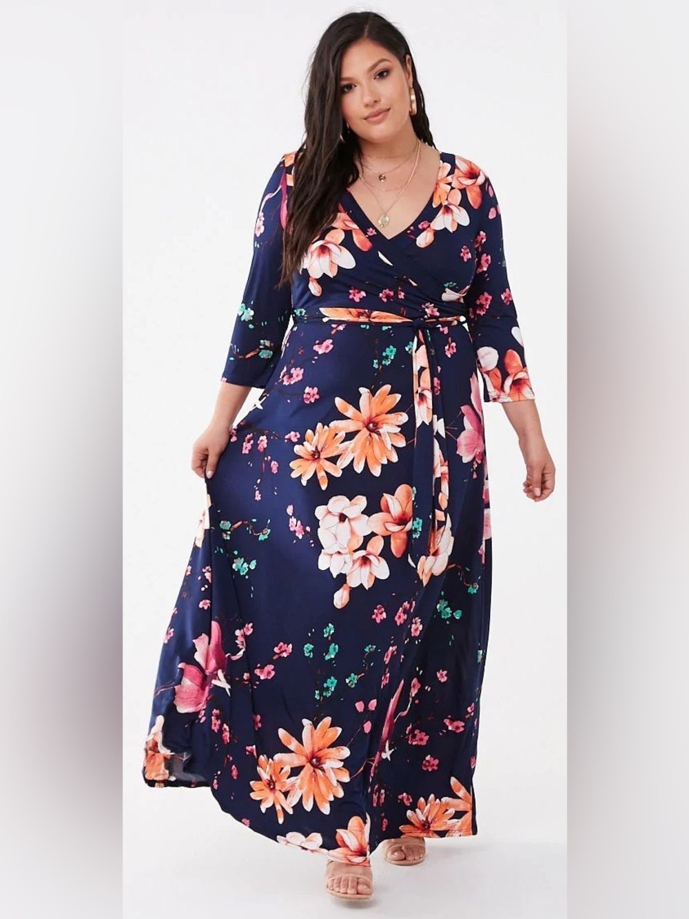 Women’s Navy Floral Wrap Maxi Dress - Plus Size